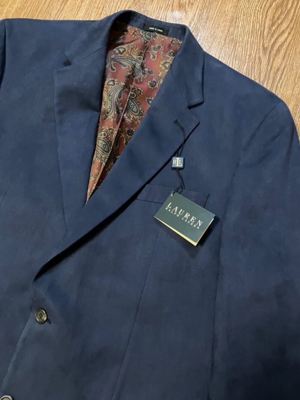 NWT Lauren Ralph Lauren Navy Faux Suede Blazer 44L Paisley Lining